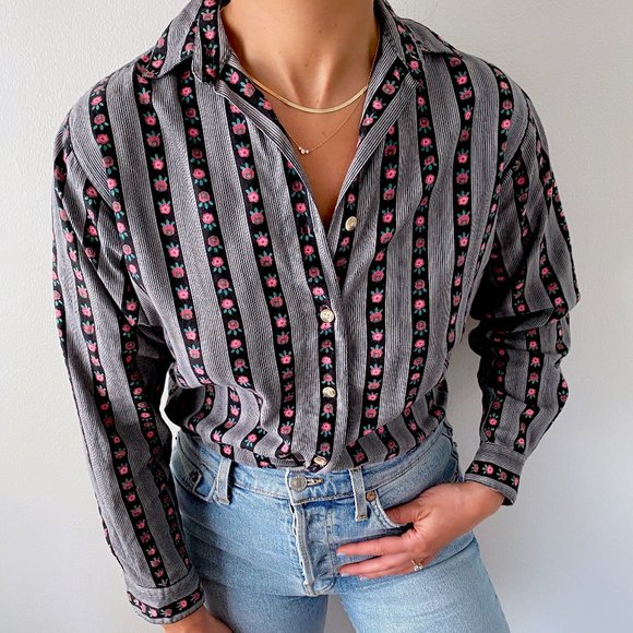 L.L. Bean Tops - Vintage L.L. Bean Ditsy Floral Striped Blouse
